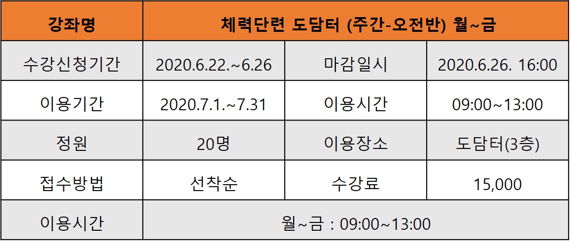 [7월]체력단련 도담터 오전(주간) 월~금 강좌내용