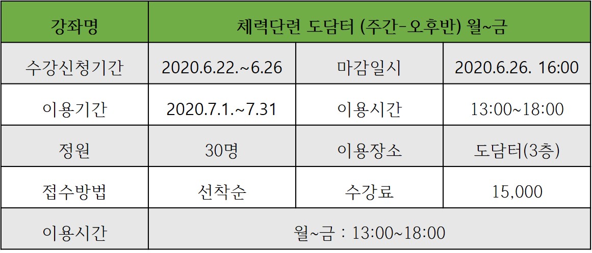 [7월]체력단련 도담터 오후(주간)월~금 강좌내용