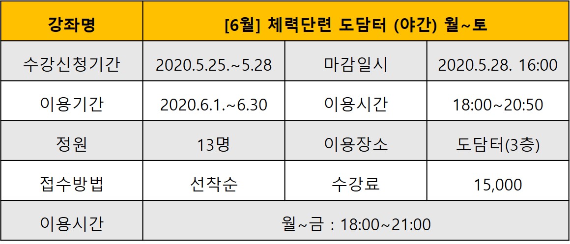 [6월]체력단련 도담터(야간)월~금 강좌내용