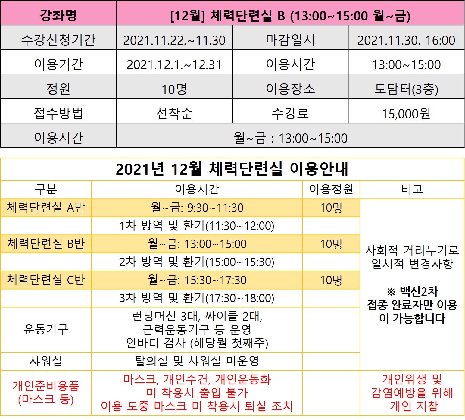 [12월]체력단련실B 강좌내용